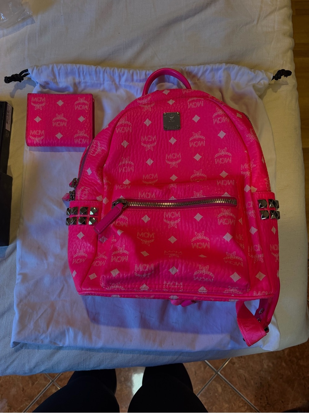 MCM Hot Pink Logo Backpack with Stud Details - Picture 6 of 8